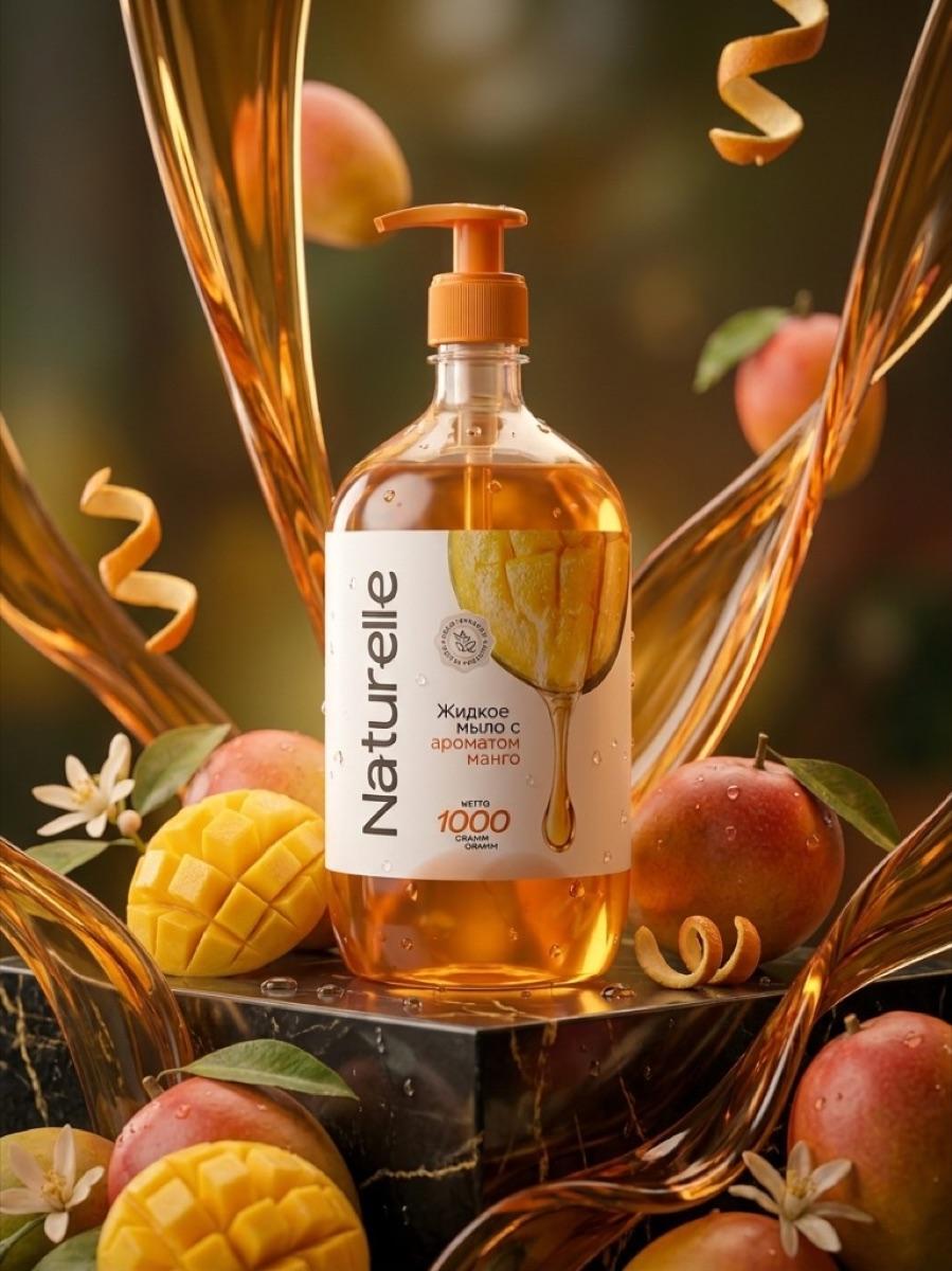 Naturelle mango hidli suyuq sovun, 1000 gramm, mango boʻlaklari va oqayotgan sovun orasida
